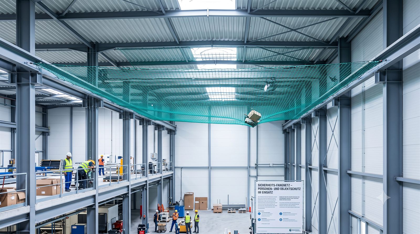 Grünes Sicherheits-Fangnetz, unter dem Dach einer Industriehalle über der Montageebene gespannt – darunter arbeitet ein Team mit Warnwesten und Helmen