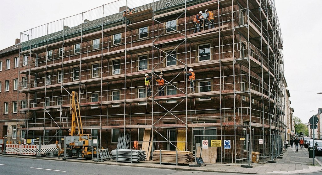 Gerüstbauer von Gerüstbau Henze rüsten die Fassade eines Mehrfamilienhauses ein